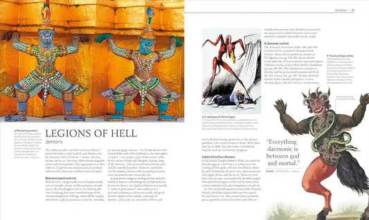 Illustrations of legions of hell with descriptive text on a magazine or book page.