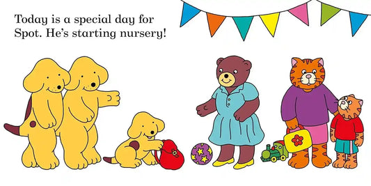 Illustration of dogs and a bear with colorful bunting, celebrating Spot's start to nursery.