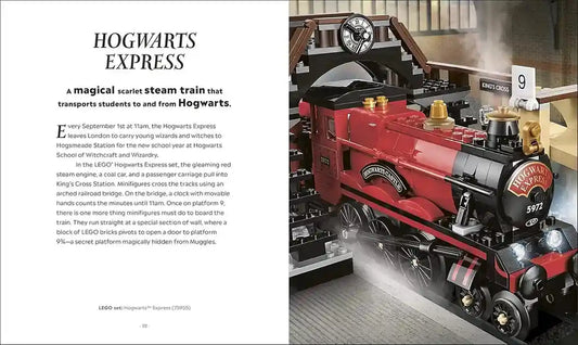 LEGO Hogwarts Express train set with text description on a magazine page.