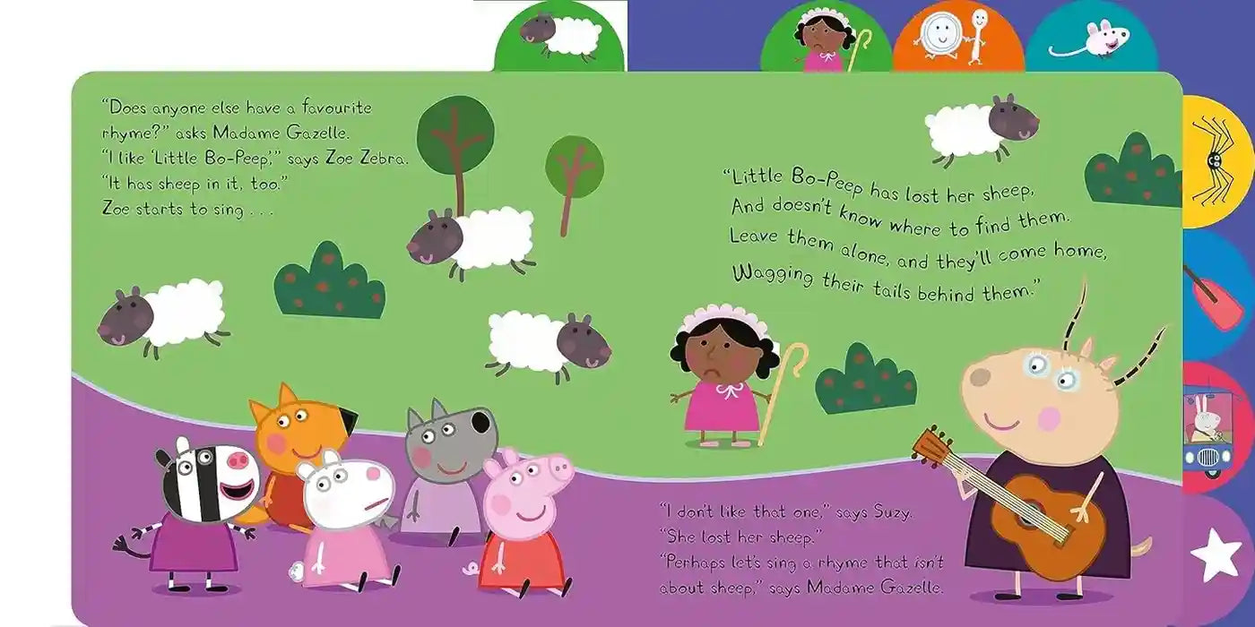 Children's book page with cartoon characters and text on a colorful background
