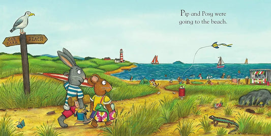 Illustration of two animals walking towards the beach with a signpost and ocean view.