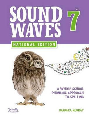 Front cover of the book 'Sound Waves 7 National Edition' by Barbara Murray, featuring a purple header with large white title text, a green 'National Edition' banner, a brown-and-white owl illustration, and a white lower section with smaller black text and a small logo at the bottom left.