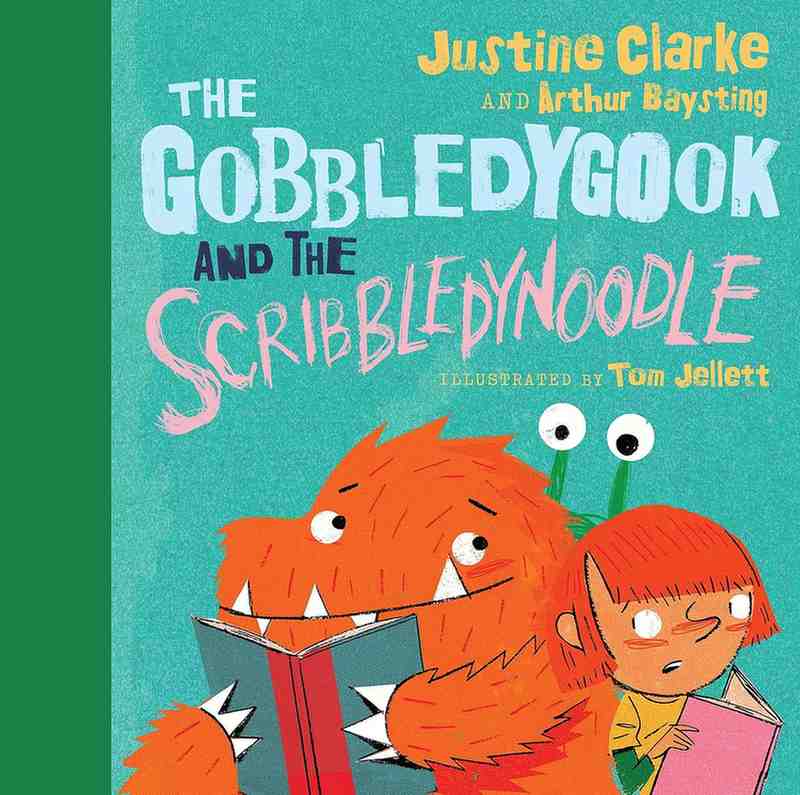 Book cover of 'The Gobbledygook and the Scribbledynoodle' with cartoon characters on a teal background