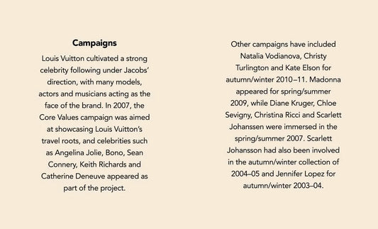 Text on a beige background discussing Louis Vuitton's celebrity campaigns and core values campaign.