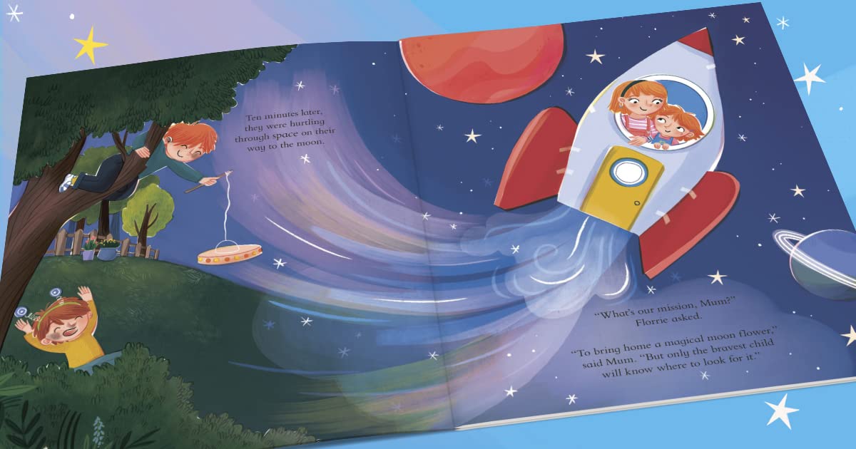 An open children's picture book spread showing a colorful outer-space scene with a rocket ship, planets, stars, and children in a treehouse scene. The pages are photographed against a light blue background with star graphics.