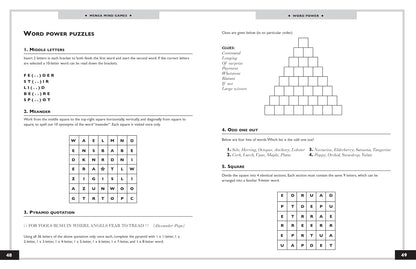 A printed puzzle worksheet titled 'WORD POWER WORD PUZZLES' with multiple text-based riddles, a word ladder chart, a pyramid clue, and a crossword grid on a white page.