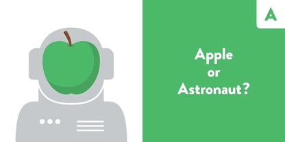 Illustration of an astronaut holding an apple with a green background and question 'Apple or Astronaut?'