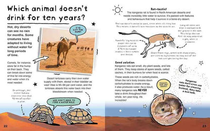 A two-page children's educational book spread about kangaroo rats and desert adaptation, with illustrations, text, and small callout boxes on a white page background.