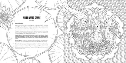 Black and white illustration of a white-naped crane with decorative elements and text.