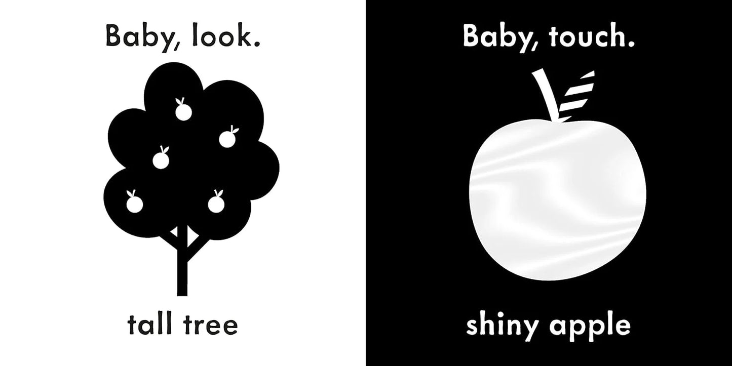 Two black and white illustrations: one of a tall tree with apples and another of a shiny apple, each with text instructions.