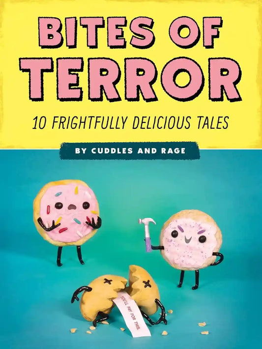Book cover of 'Bites of Terror' with cartoon donuts on a yellow and blue background