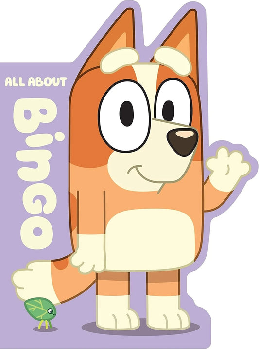 Cartoon dog character with a purple border and text 'All About Bingo'.