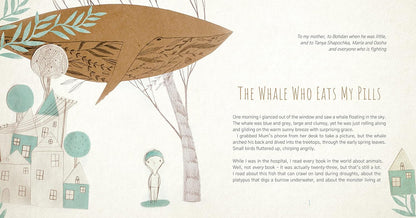 A children's book spread featuring an illustration of a large brown speech bubble shaped like a whale, with the title 'The Whale Who Eats My Pills' and a long block of text on a cream background with simple house and tree drawings.