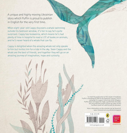 Back cover of the children's book 'Cappy and the Whale' published by Penguin Books, featuring a whimsical illustration of a teal whale swimming among stylized pink and green seaweed on a textured off-white background.