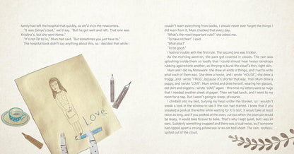 A printed page from a book or magazine showing two columns of black text on an off-white background, with a small illustrated scene at the bottom depicting a white house, a blue bicycle, and leafy branches.