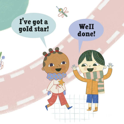 A whimsical illustrated scene of two children walking outdoors with speech bubbles reading 'I've got a gold star!' and 'Well done!'. The artwork uses soft pastel colors, including pink, beige, blue, green, and yellow, with a stylized road and small dragonfly detail in the background.