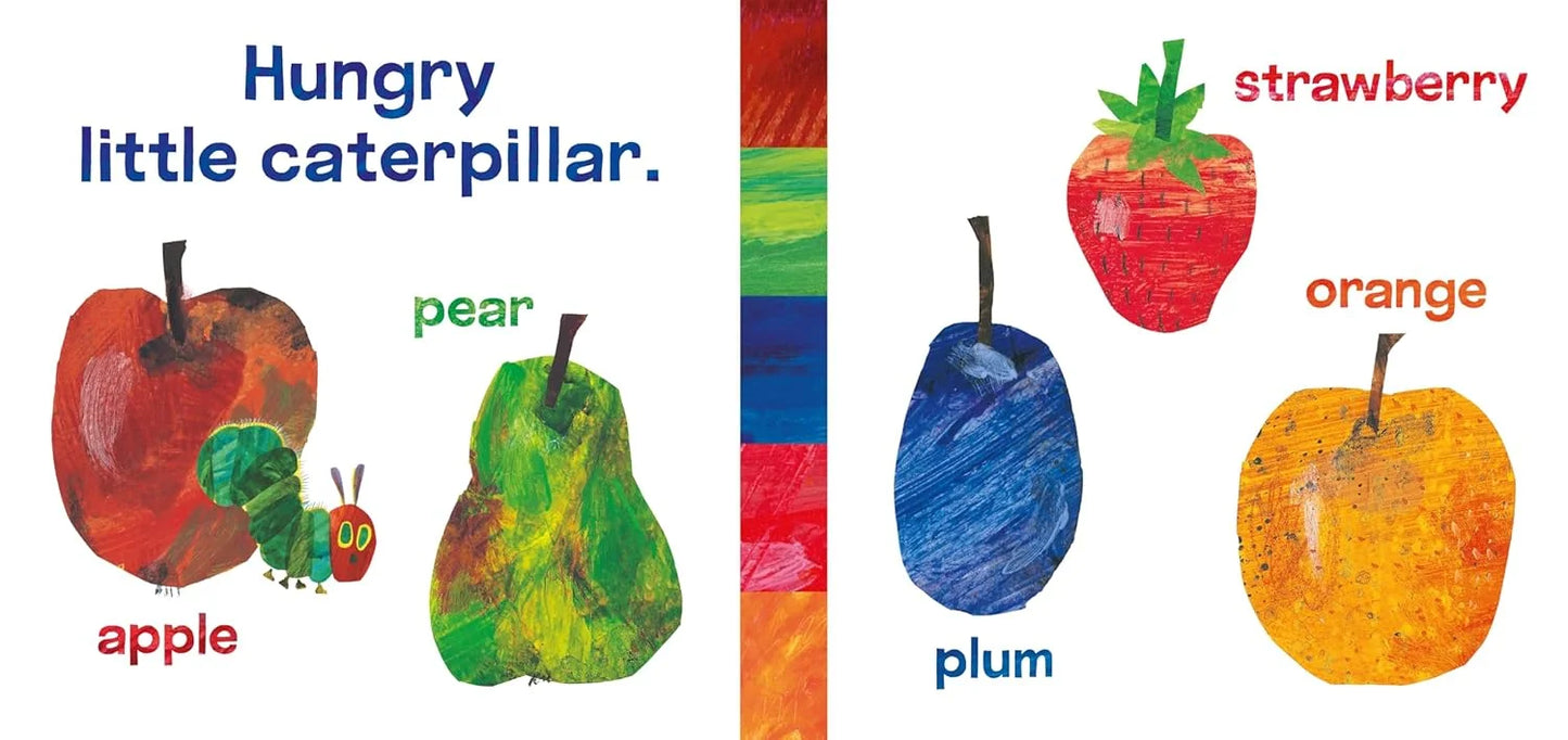 Illustration of a hungry little caterpillar with fruits labeled 'apple', 'pear', 'strawberry', 'orange', and 'plum'.