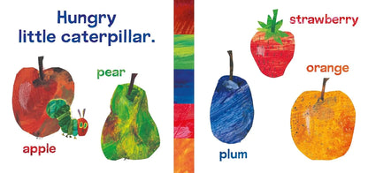 Illustration of a hungry little caterpillar with fruits labeled 'apple', 'pear', 'strawberry', 'orange', and 'plum'.