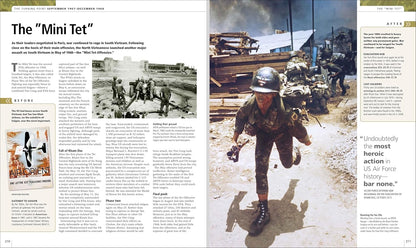 Magazine spread with a historical photograph of a soldier and text on a war event.