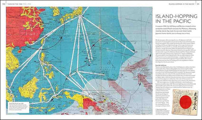 A printed page from a book or magazine showing a vintage-style map of the Pacific Ocean with island routes, labeled 'ISLAND-HOPPING IN THE PACIFIC,' plus text columns and a small inset with a red circle.
