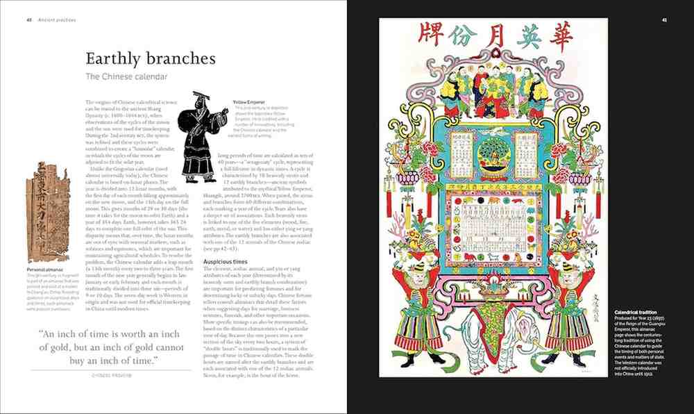 A book or magazine spread showing an article titled 'Earthly branches' on the left page and a colorful Chinese calendar illustration on the right page, photographed against a dark background.