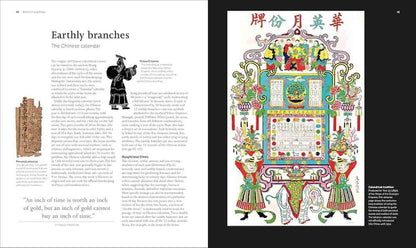 A book or magazine spread showing an article titled 'Earthly branches' on the left page and a colorful Chinese calendar illustration on the right page, photographed against a dark background.