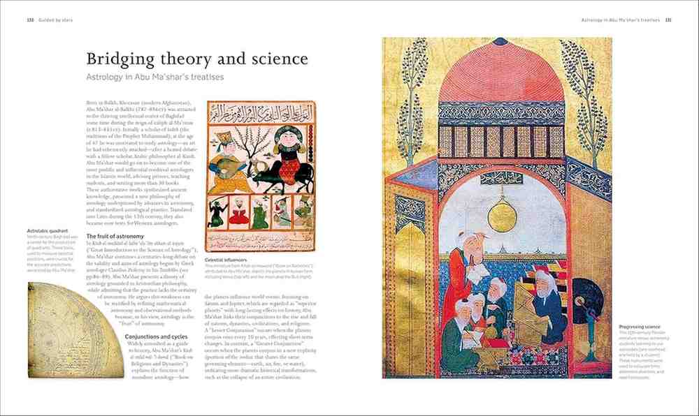 A two-page spread from a book or magazine featuring an article titled 'Bridging theory and science' alongside a detailed miniature Persian-style illustration with gold backgrounds and colorful figures.
