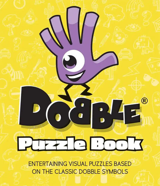Cover of 'Dobble Puzzle Book' with a purple hand-shaped character on a yellow background.