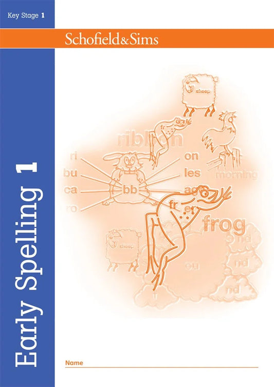 Book cover of 'Early Spelling 1' by Schofield & Sims with educational illustrations on a white background.