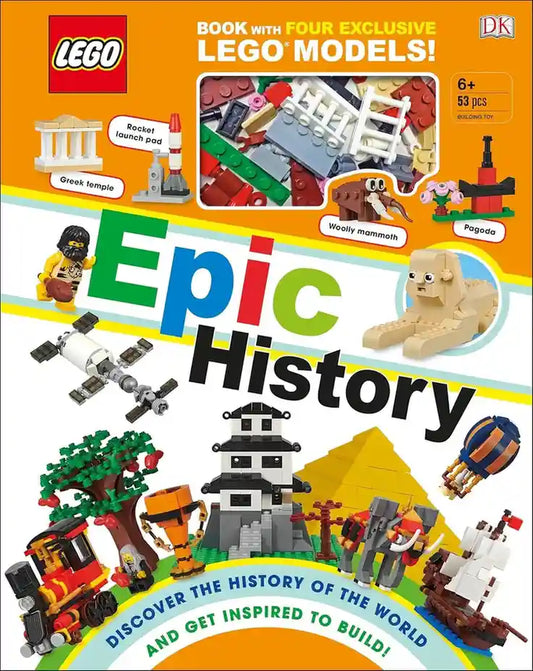 Book cover of 'Epic History' with LEGO models and branding