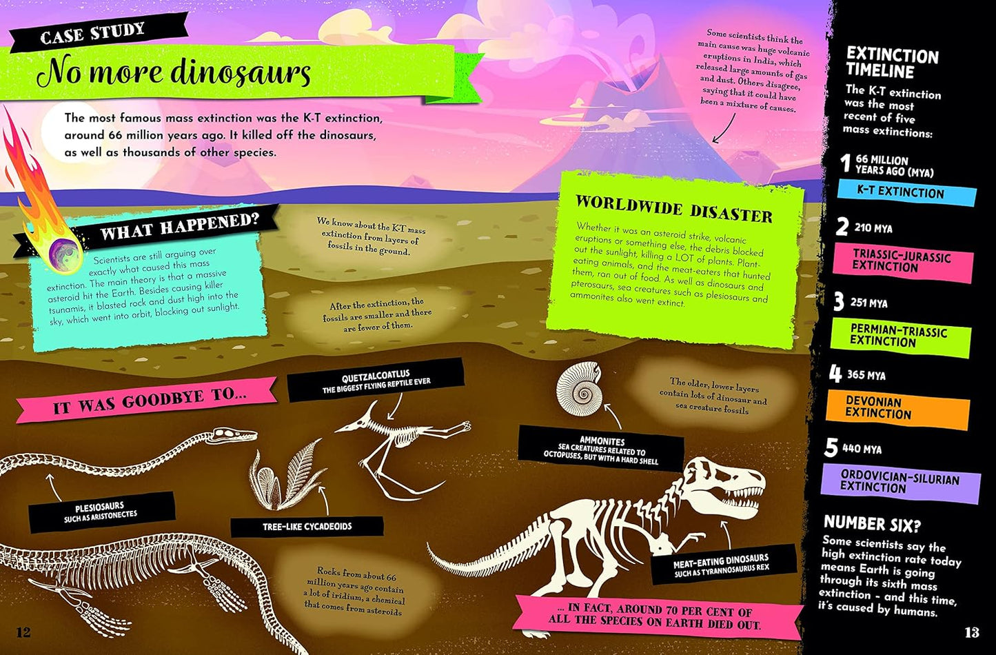 An educational infographic poster about the K-Pg dinosaur extinction, featuring dinosaur skeletons, colorful text boxes, and a timeline on a brown background with pink, blue, and purple accents.
