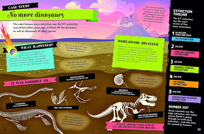 An educational infographic poster about the K-Pg dinosaur extinction, featuring dinosaur skeletons, colorful text boxes, and a timeline on a brown background with pink, blue, and purple accents.