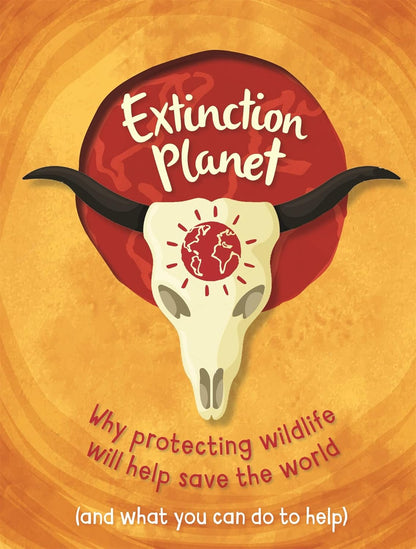 Book cover of 'Extinction Planet' with a skull and red planet design on an orange background