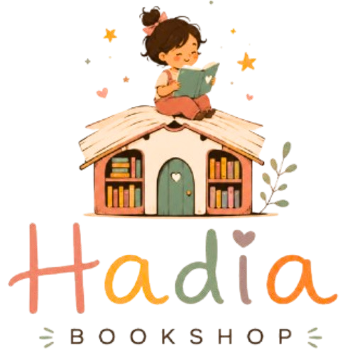 Illustration of a girl reading a book on top of a bookshelf with 'Hadia Bookshop' text below.