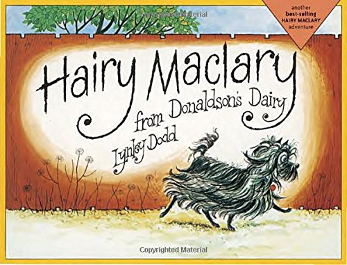 Book cover of 'Hairy Maclary from Donaldson's Dairy' with a dog illustration and sunset background.