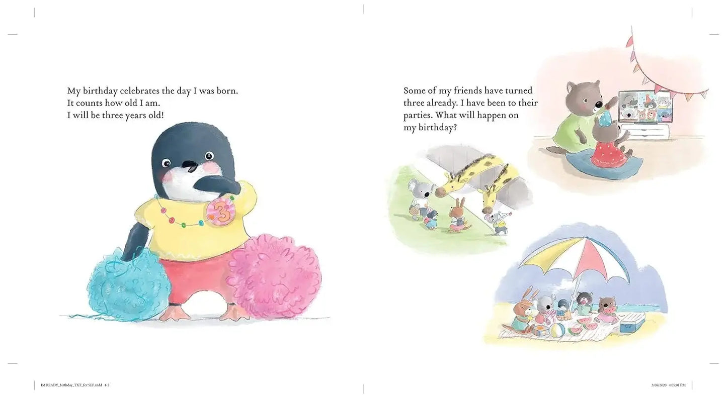 A children's picture book spread showing illustrated penguin characters and small animal friends in pastel scenes, with printed text on both pages against a white background.