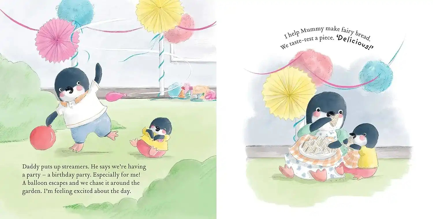 A children's picture book spread showing two illustrated scenes with cartoon penguins at a party and baking. The left page has text at the bottom and shows a penguin playing with balloons, another penguin sitting nearby, and colorful paper fans hanging in the air.