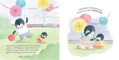 A children's picture book spread showing two illustrated scenes with cartoon penguins at a party and baking. The left page has text at the bottom and shows a penguin playing with balloons, another penguin sitting nearby, and colorful paper fans hanging in the air.