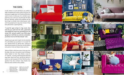 Collage of various colorful sofas in different living room settings with text.
