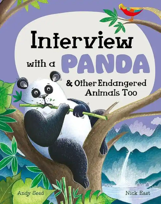 Book cover of 'Interview with a Panda & Other Endangered Animals Too' featuring a panda in a tree.