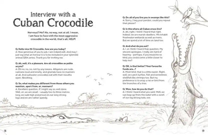 Illustrated page from a book titled 'Interview with a Cuban Crocodile' featuring text and a crocodile illustration.