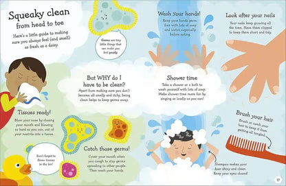 Children's book page about hygiene with illustrations and text.