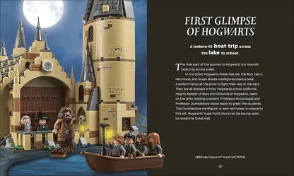 LEGO Hogwarts set with students on a boat trip, moonlit sky, and descriptive text.