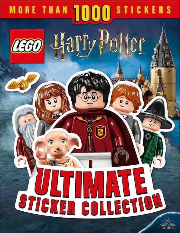 LEGO Harry Potter Ultimate Sticker Collection book cover featuring LEGO minifigures of Harry Potter, Ron Weasley, Hermione Granger, Dumbledore, and Dobby, with Hogwarts castle in the background and text reading 'More than 1000 Stickers' and 'Ultimate Sticker Collection'.