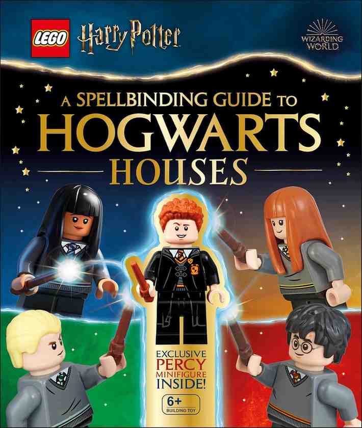 Front cover of the LEGO Harry Potter A Spellbinding Guide to Hogwarts Houses book, featuring LEGO minifigures of Percy Weasley, Harry Potter, Ron Weasley, and Hermione Granger on a dark blue starry background with large gold title text.