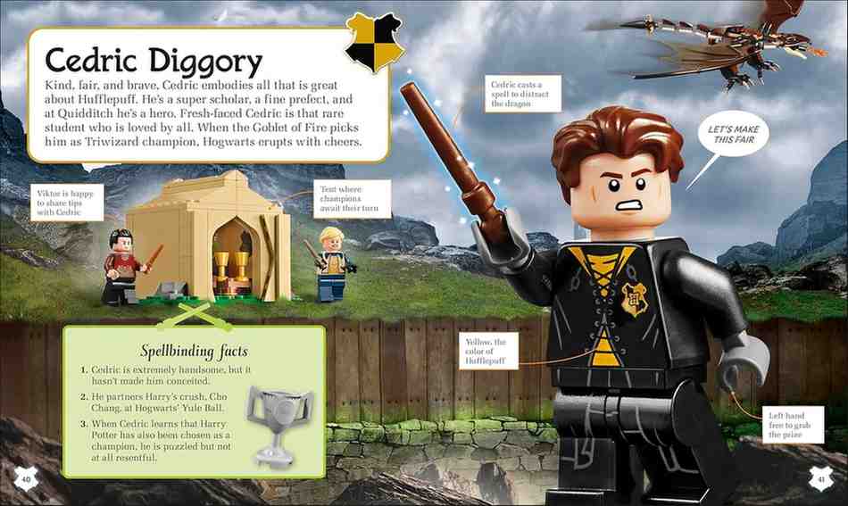 A Lego minifigure of Cedric Diggory from Harry Potter, shown in a detailed educational infographic layout with text boxes, illustrations of the Forbidden Forest, and a small Lego set image.
