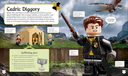 A Lego minifigure of Cedric Diggory from Harry Potter, shown in a detailed educational infographic layout with text boxes, illustrations of the Forbidden Forest, and a small Lego set image.