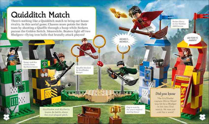 A colorful LEGO Harry Potter Quidditch Match set display featuring a flying broom castle, golden snitch, hoops, and minifigures on a grassy field, with text callouts and LEGO branding visible.