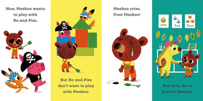 Illustrations from a children's book showing characters playing and interacting with each other.