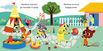 Illustrated children's book page with animals playing outside.